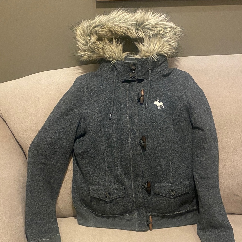 Vintage Gray 90s Y2K Abercrombie & Fitch Faux Fur Hoodie Lined Jacket Size Large